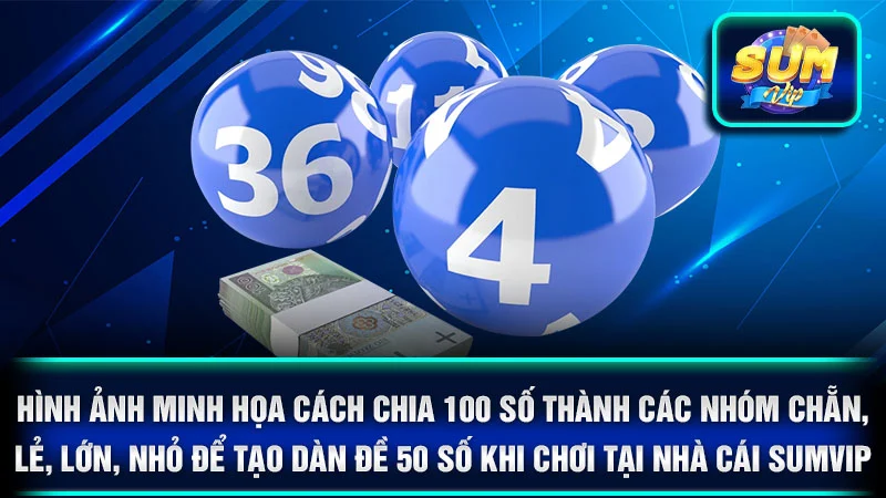 Hình ảnh minh họa cách chia 100 số thành các nhóm chẵn, lẻ, lớn, nhỏ để tạo dàn đề 50 số khi chơi tại nhà cái SumVip.